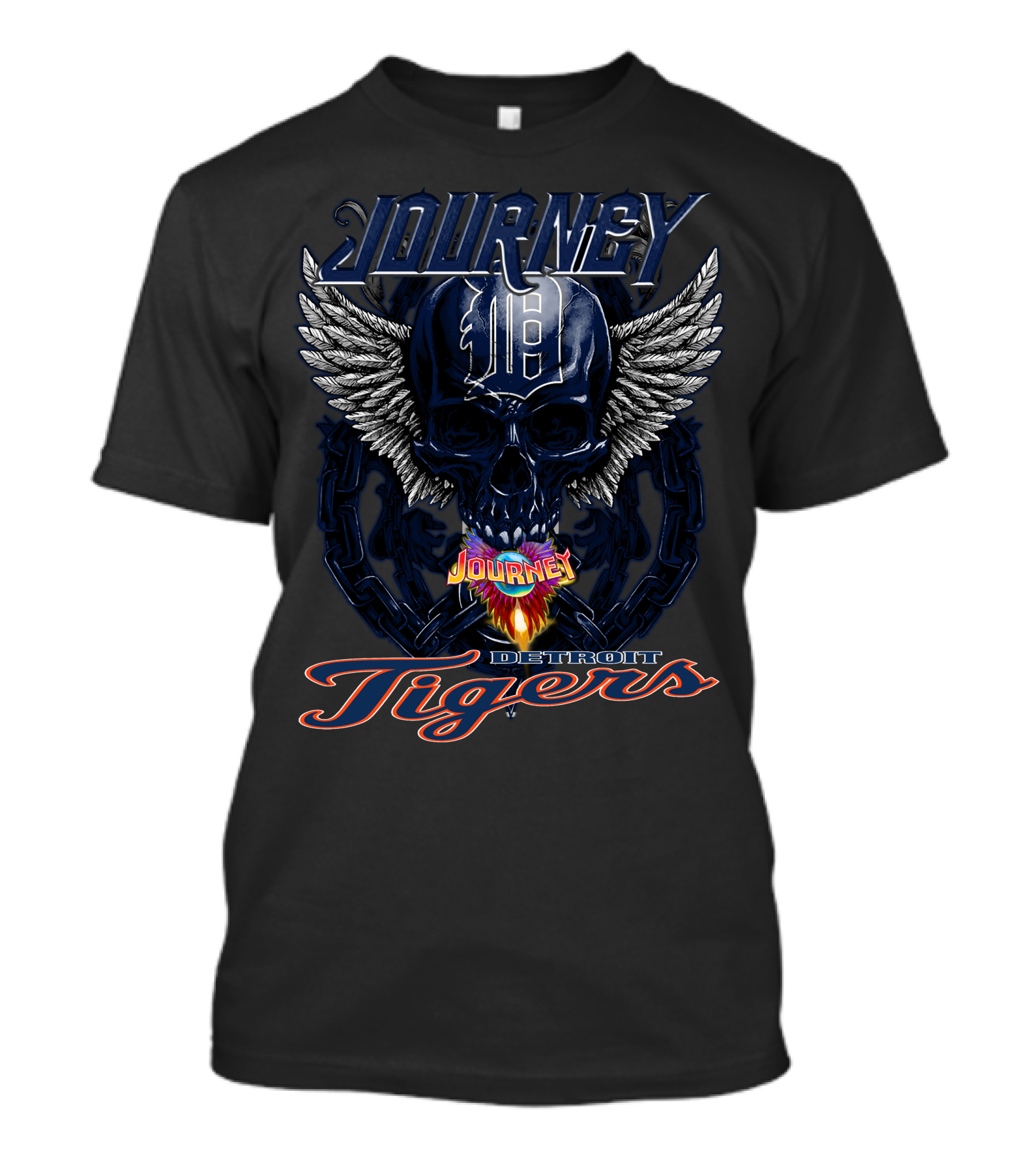 Journey Detroit Tigers Skull Wings Flame T-Shirt