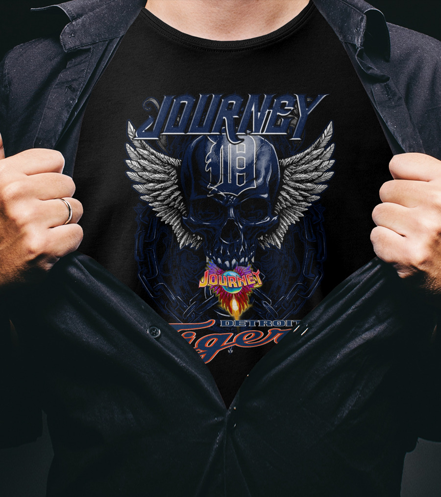 Journey Detroit Tigers Skull Wings Flame T-Shirt