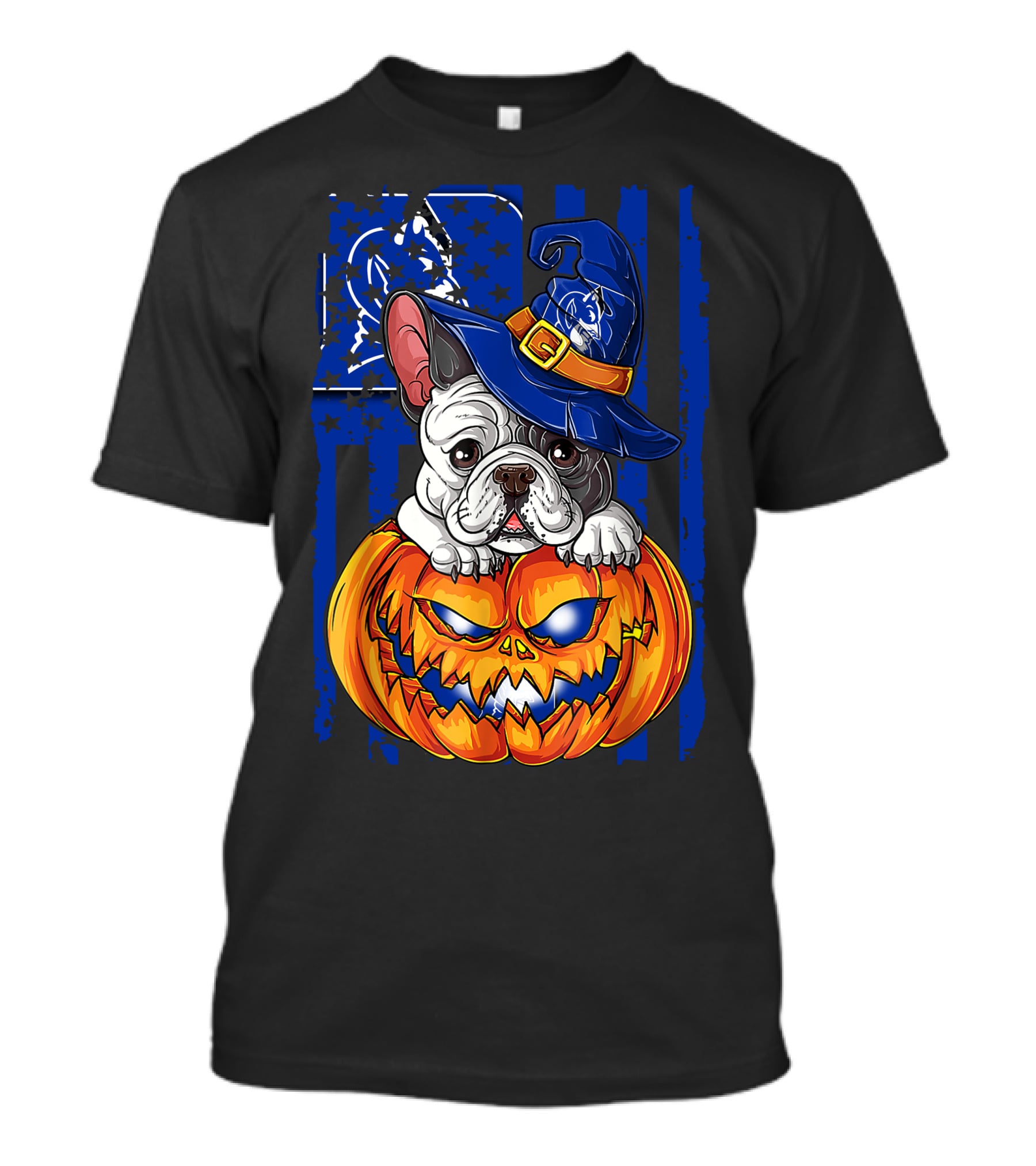 Hlw Bulldog On Duke Blue Devils Themed Halloween Pumpkin With Wizard Hat T-Shirt
