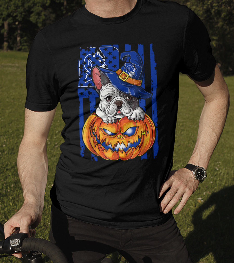 Hlw Bulldog On Duke Blue Devils Themed Halloween Pumpkin With Wizard Hat T-Shirt