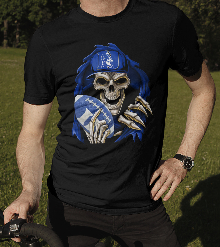 Duke Blue Devils Skull With Football And Logo Hat T-Shirt