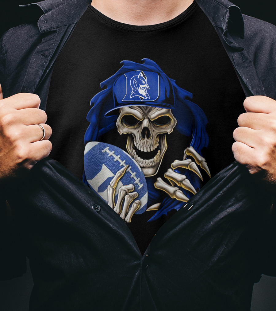 Duke Blue Devils Skull With Football And Logo Hat T-Shirt