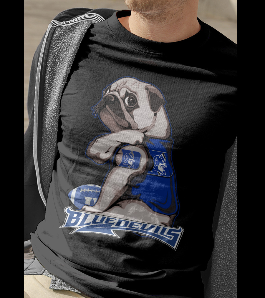 Pug Wearing Blue Devils Football Jersey T-Shirt