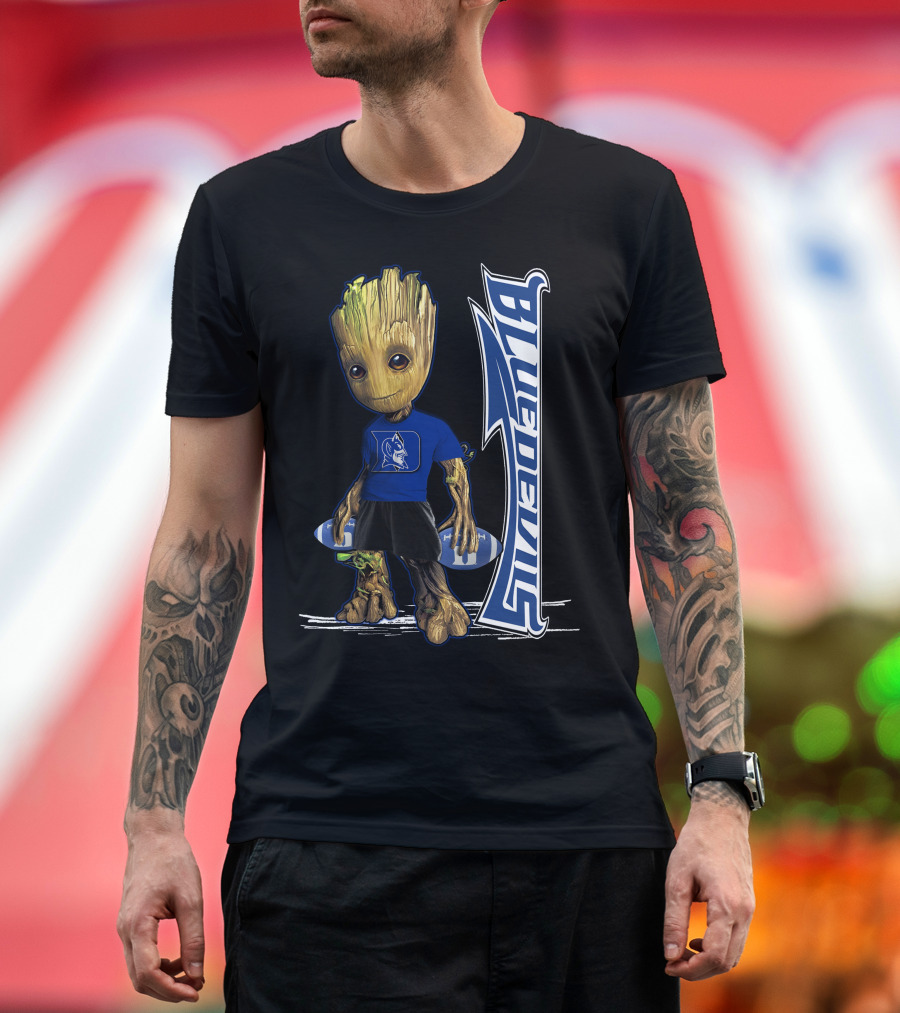 Groot Wearing Duke Blue Devils Shirt with Blue Devils Logo and Football T-Shirt