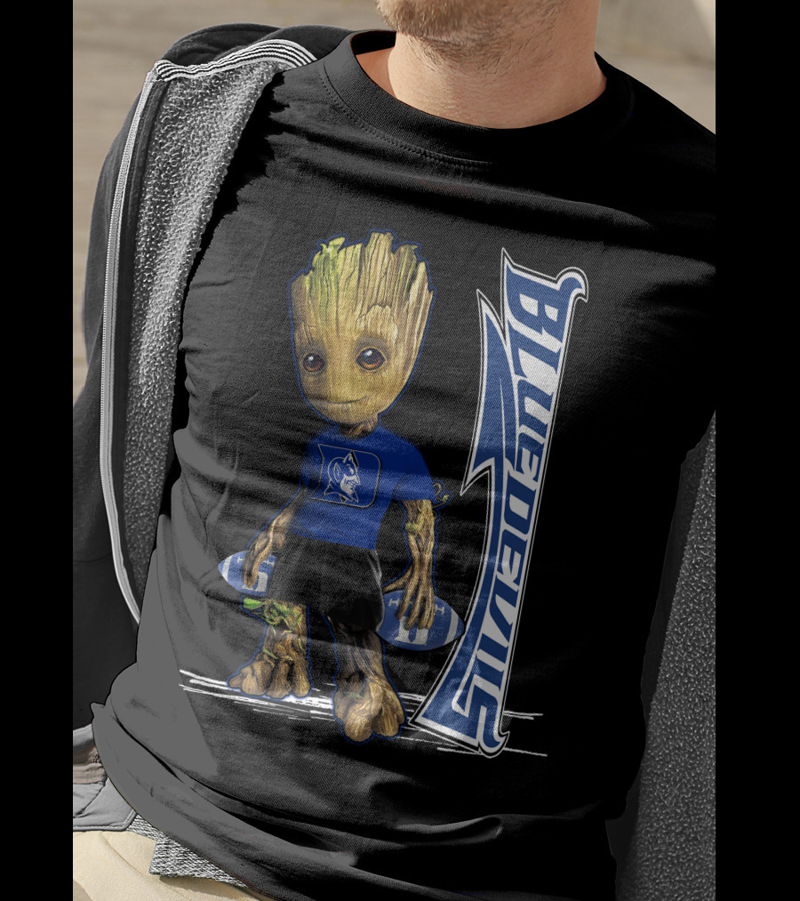 Groot Wearing Duke Blue Devils Shirt With Blue Devils Logo And Football T-Shirt