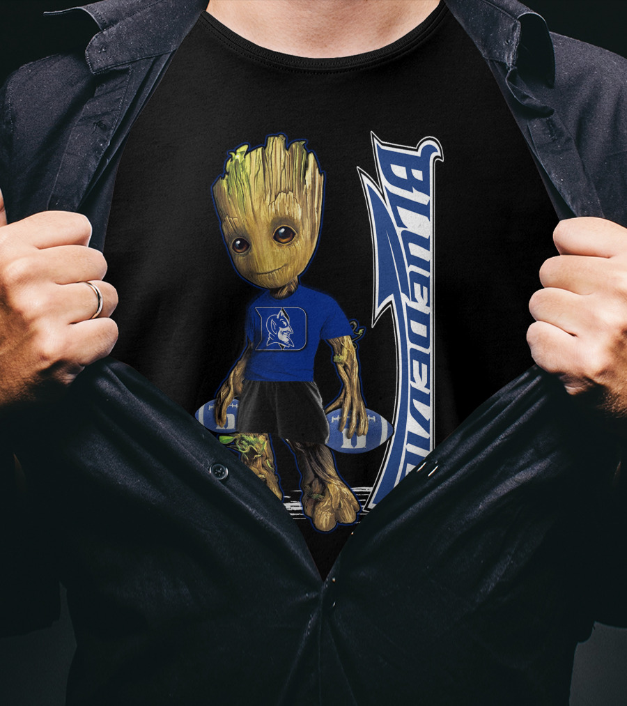 Groot Wearing Duke Blue Devils Shirt With Blue Devils Logo And Football T-Shirt