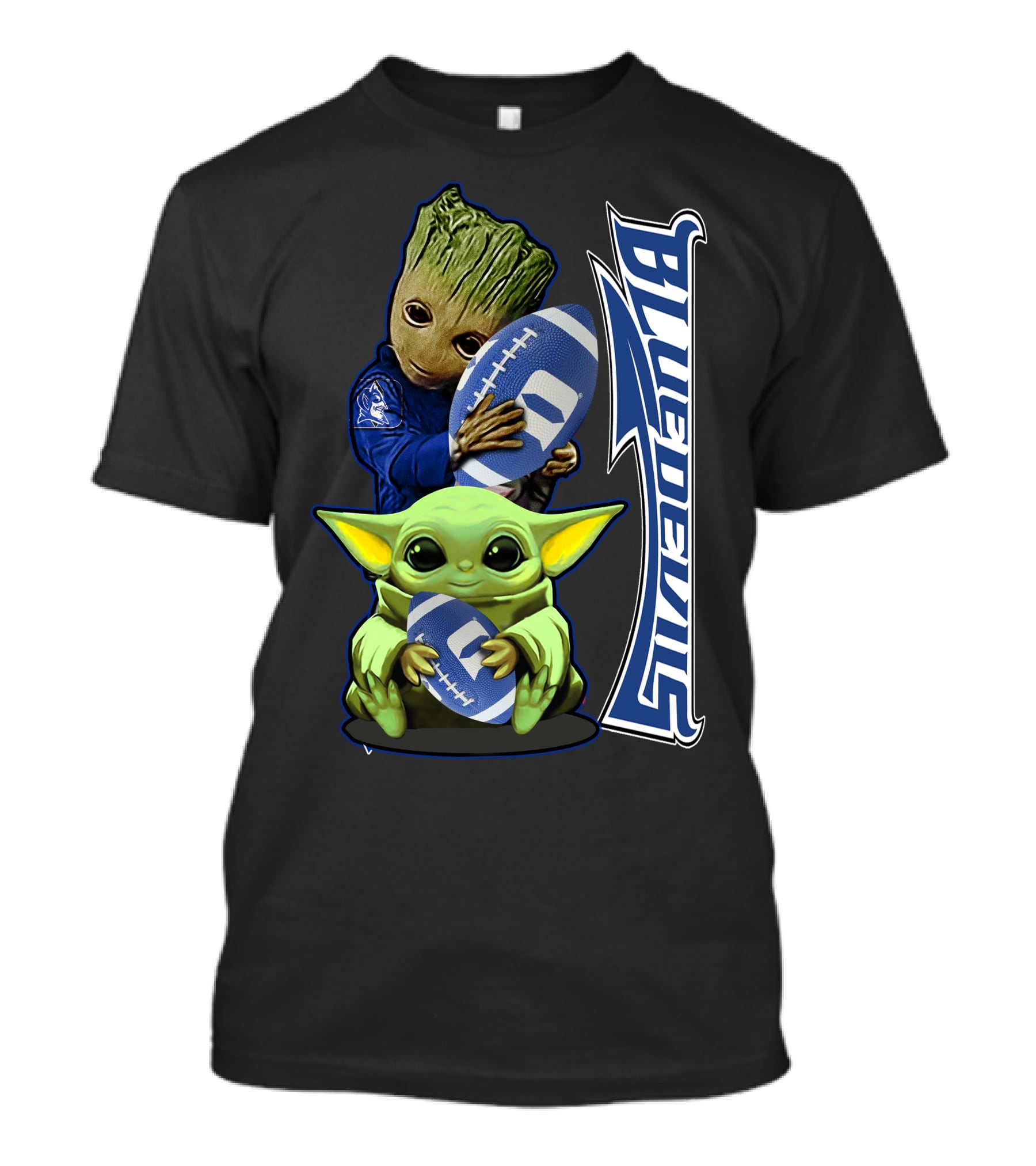 Grzd Duke Blue Devils Groot And Baby Yoda Holding Football T-Shirt