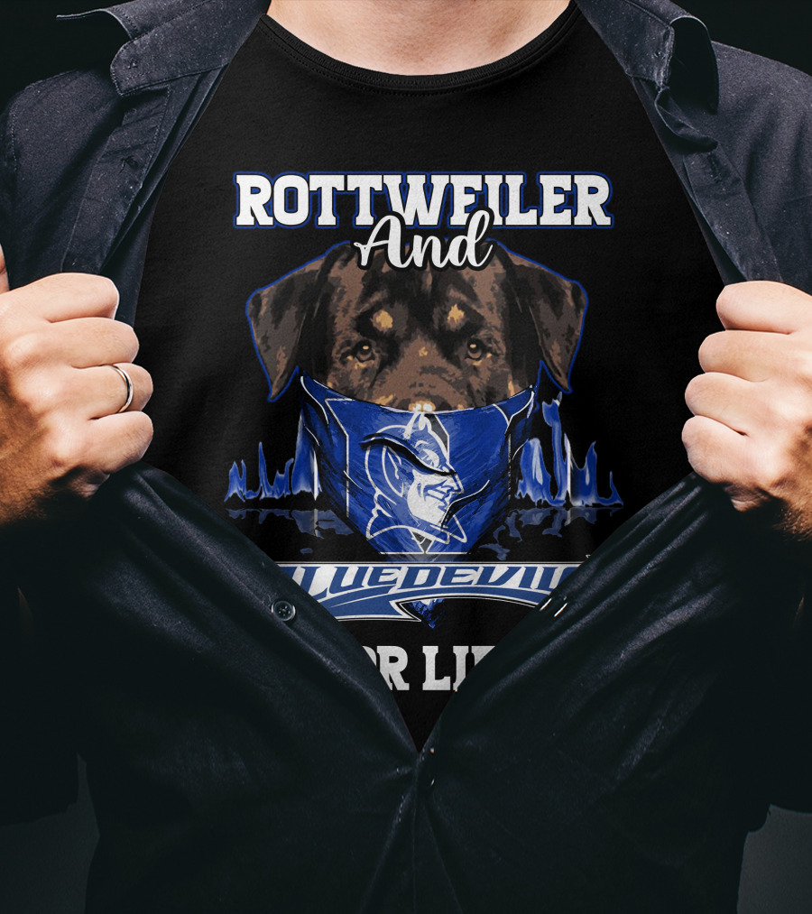 Rottweiler And Blue Devils For Life With Duke Logo And Football Elements T-Shirt