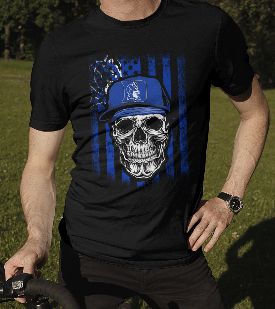 Skull With Duke Blue Devils Cap And American Flag Background T-Shirt