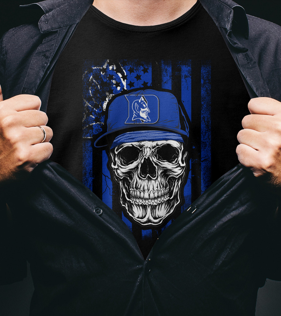 Skull With Duke Blue Devils Cap And American Flag Background T-Shirt