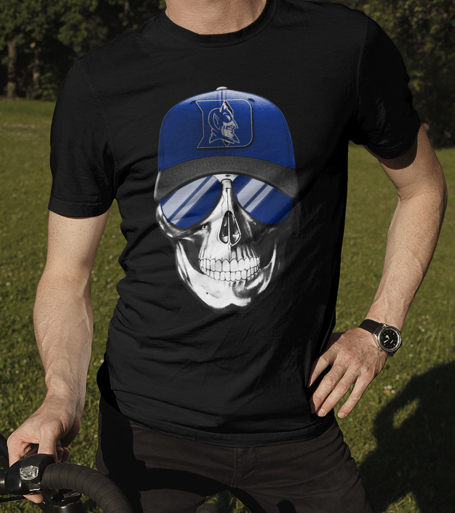 Skull Wearing Duke Blue Devils Logo Hat And Sunglasses T-Shirt