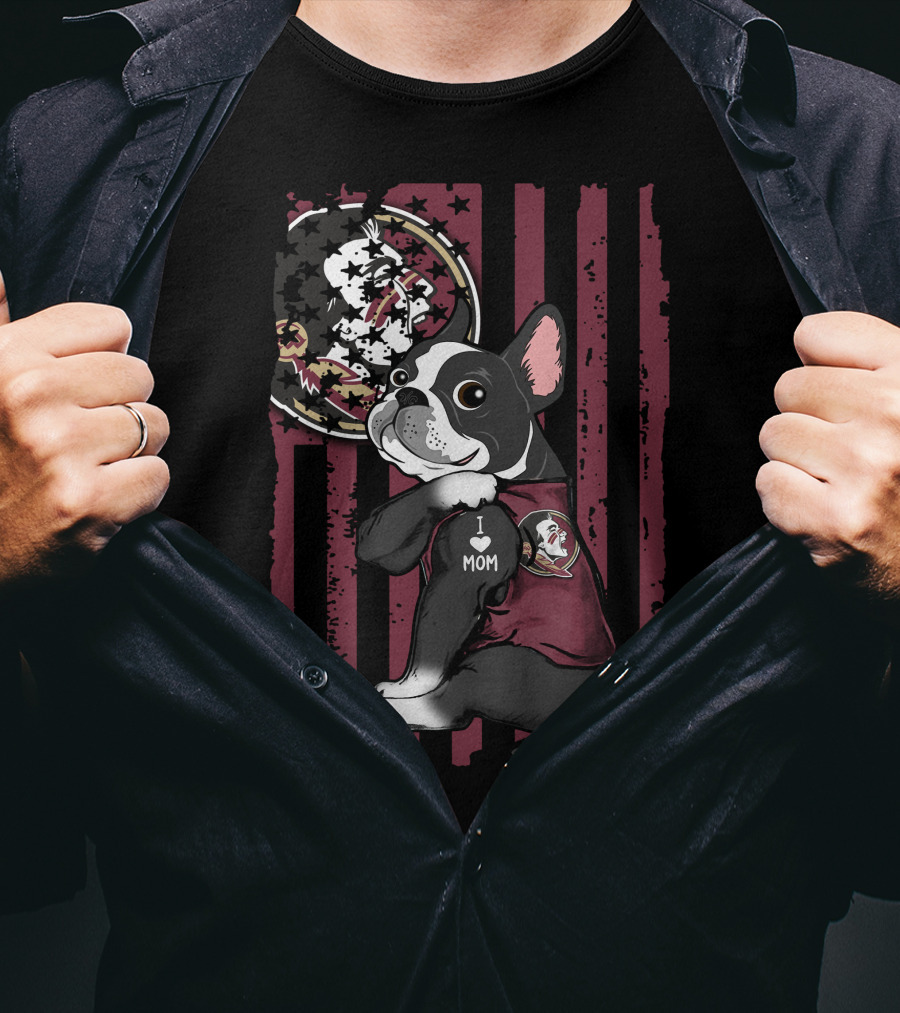 Boston Terrier I Love Mom Florida State Seminoles American Flag T-Shirt