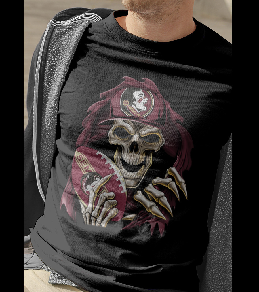 Skullbong Florida State Seminoles Skeleton Holding Football T-Shirt