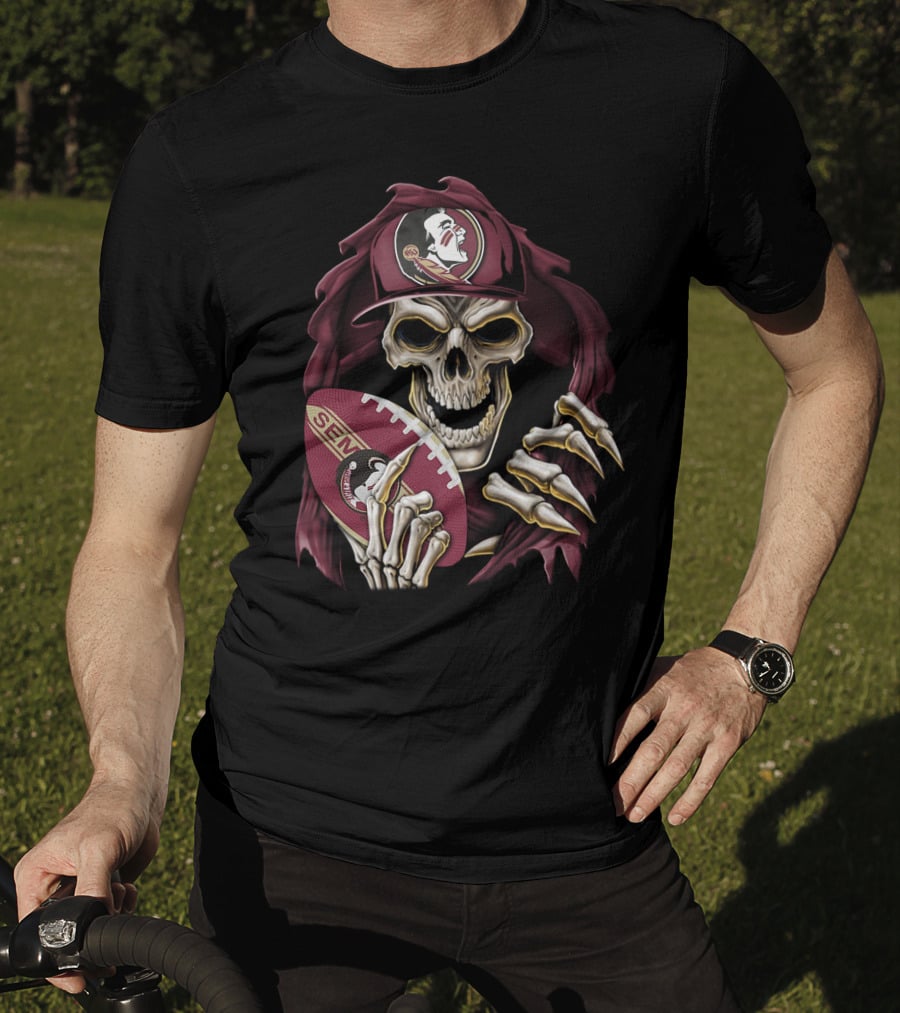 Skullbong Florida State Seminoles Skeleton Holding Football T-Shirt