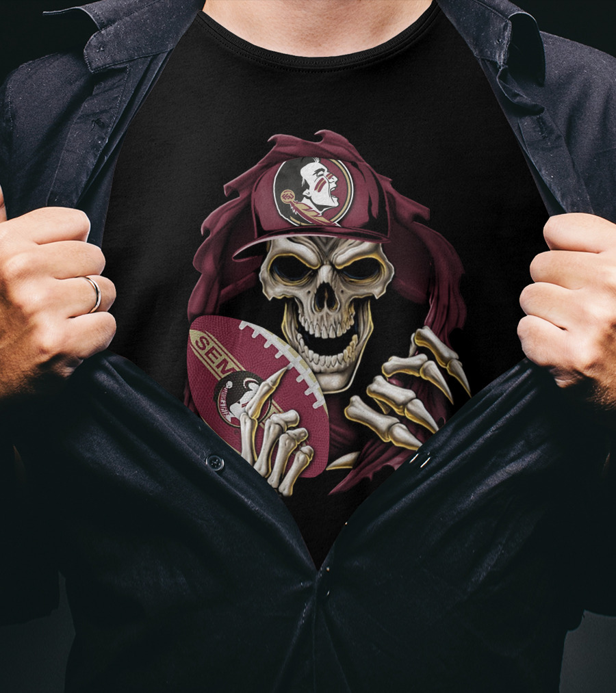 Skullbong Florida State Seminoles Skeleton Holding Football T-Shirt