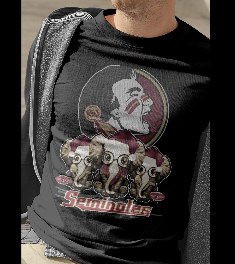 Seminoles Florida State Xmas Elephan With Santa Hats And Eyeglasses T-Shirt