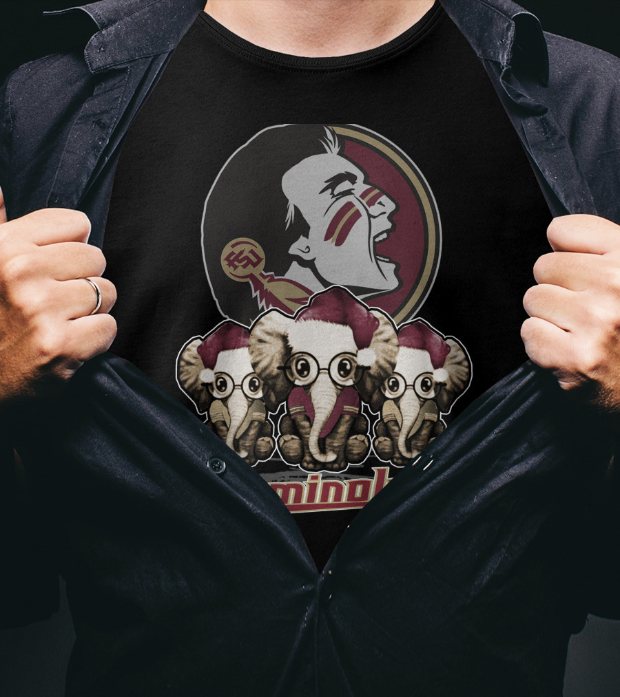 Seminoles Florida State Xmas Elephan With Santa Hats And Eyeglasses T-Shirt