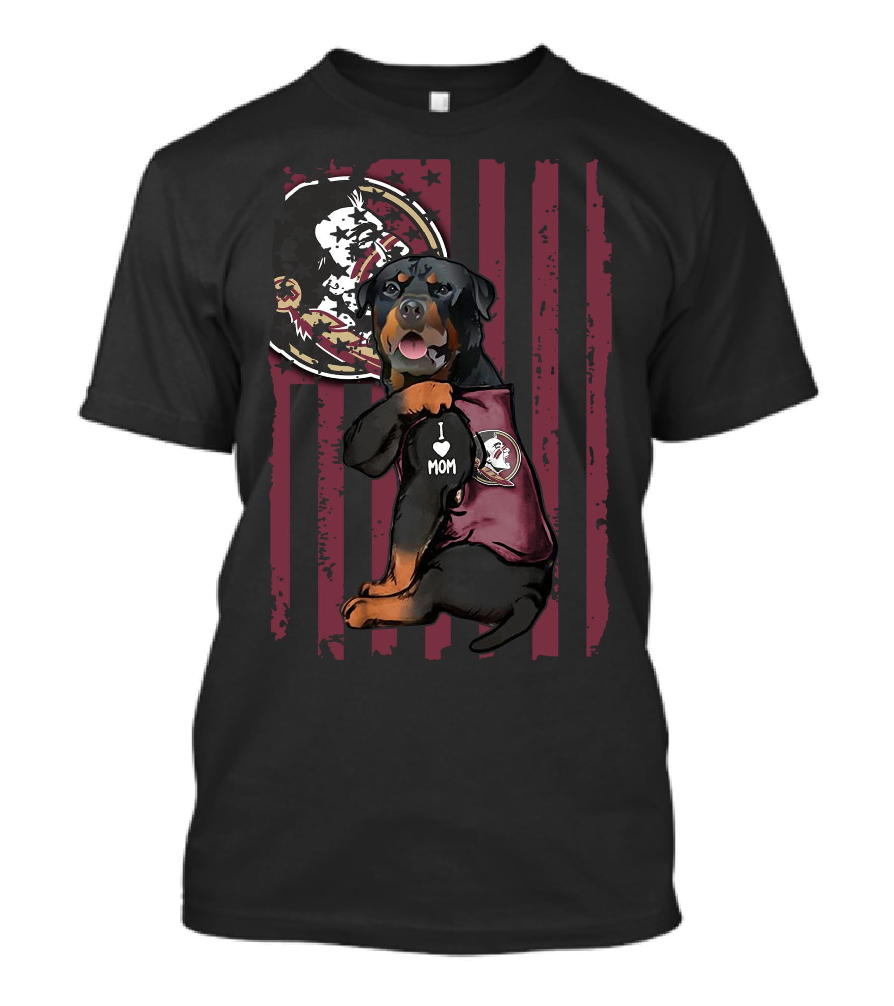 Rottweiler I Heart Mom Florida State Seminoles Dog With Logo And Flag Background T-Shirt