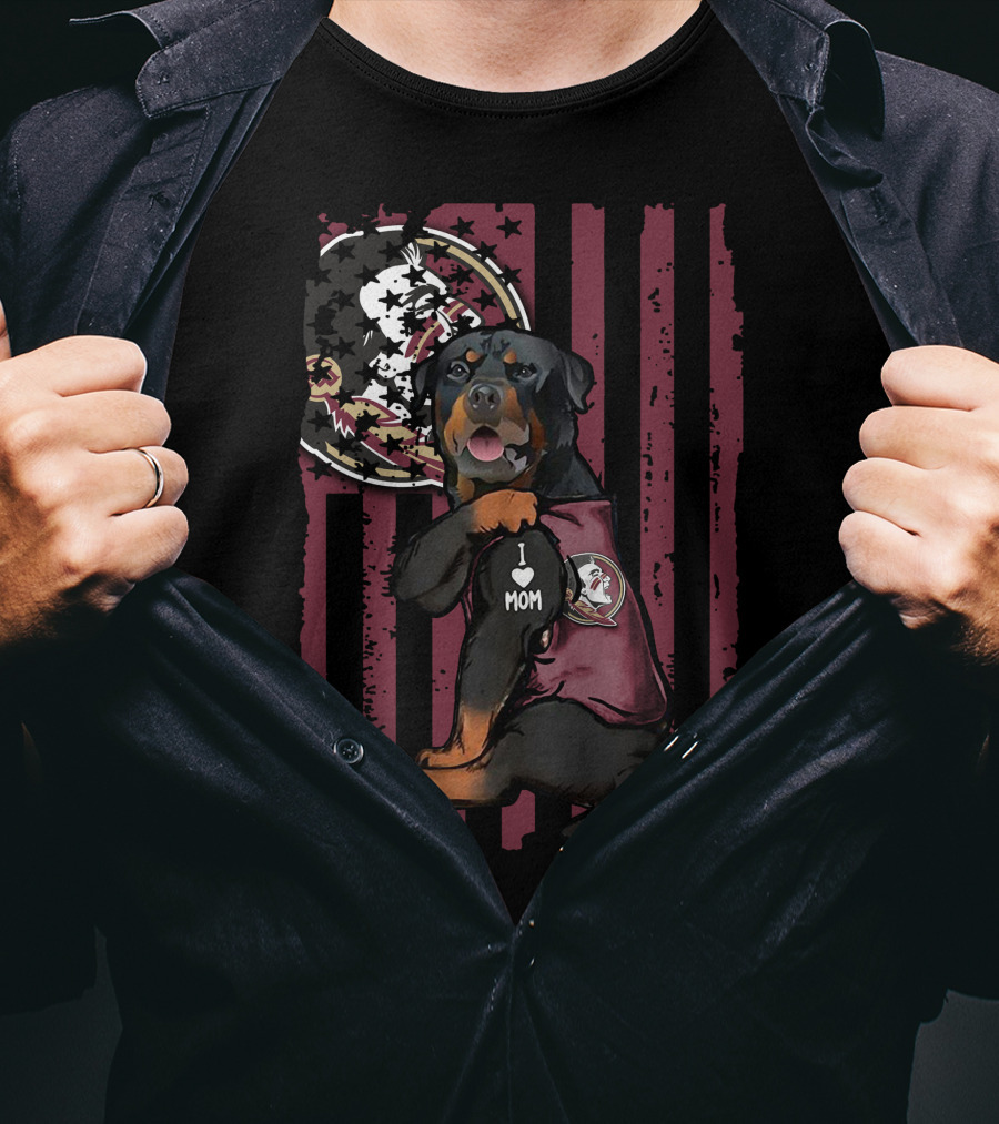 Rottweiler I Heart Mom Florida State Seminoles Dog With Logo And Flag Background T-Shirt