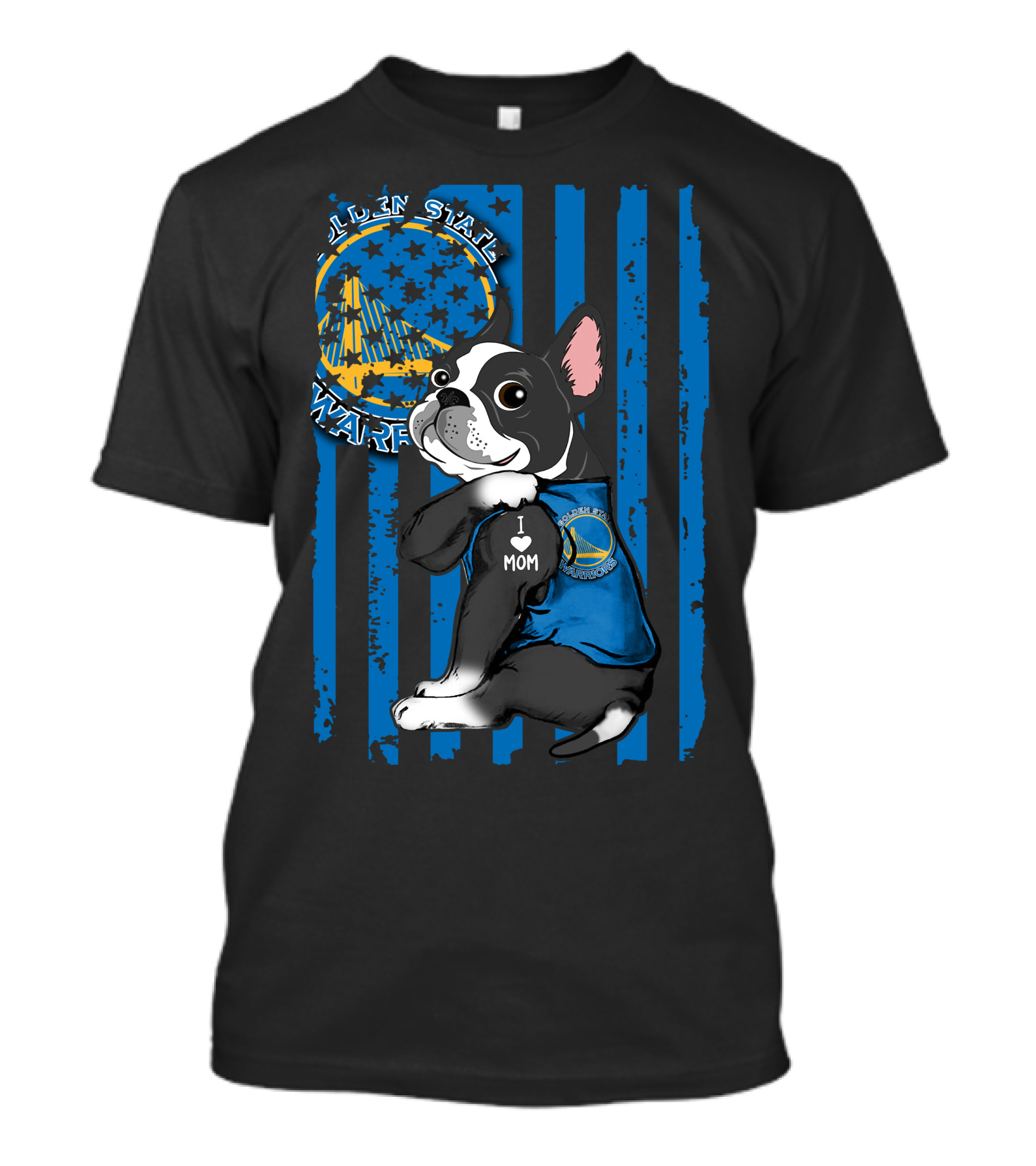 Boston Terrier Golden State Warriors Fan Dog Blue And Gold Basketball Theme T-Shirt