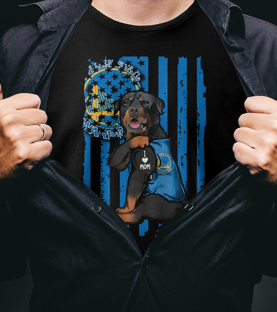 Golden State Warriors Rottweiler I Love Mom Blue Flag T-Shirt