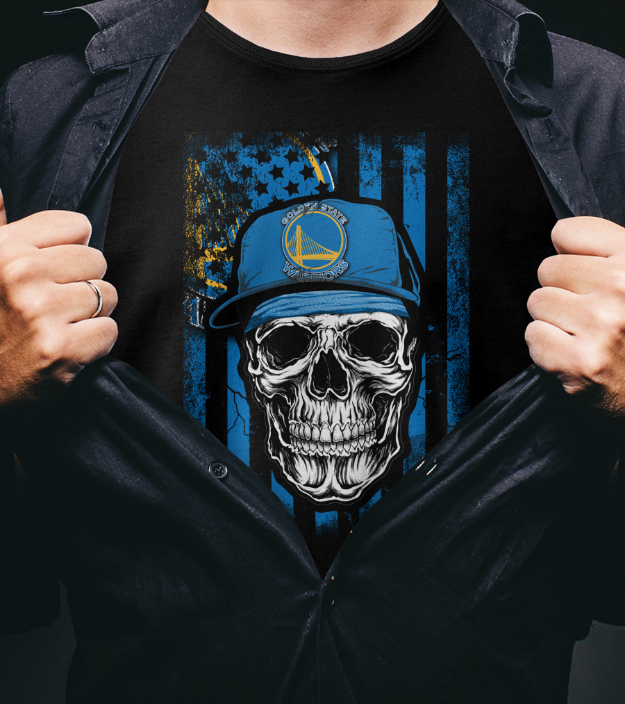 Golden State Warriors Skull V1 Blue Cap And Stars Stripes T-Shirt