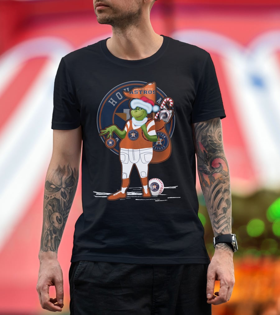 Grinchxmas Houston Astros Santa Hat Baseball Player With Logo And Candy Cane Sack T-Shirt