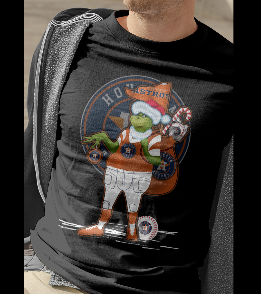 Grinchxmas Houston Astros Santa Hat Baseball Player With Logo And Candy Cane Sack T-Shirt