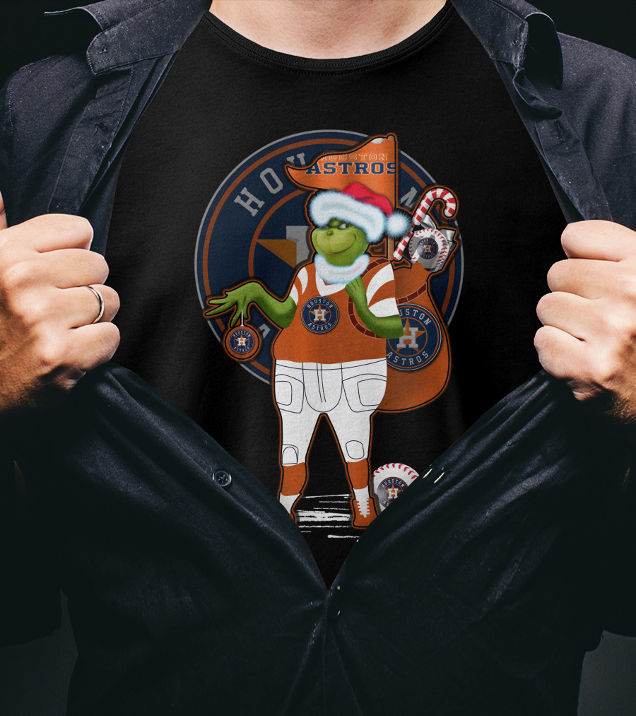 Grinchxmas Houston Astros Santa Hat Baseball Player With Logo And Candy Cane Sack T-Shirt