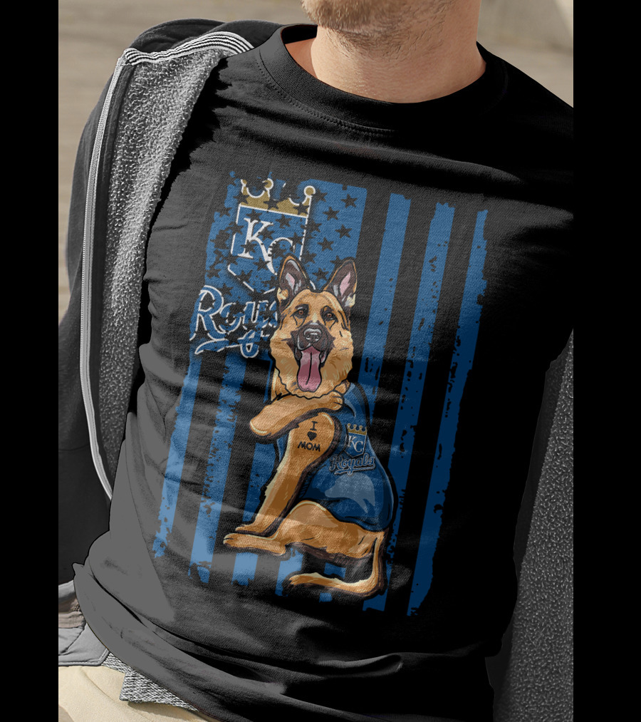 KC Royals German Shepherd Fan With I Love Mom Tattoo T-Shirt