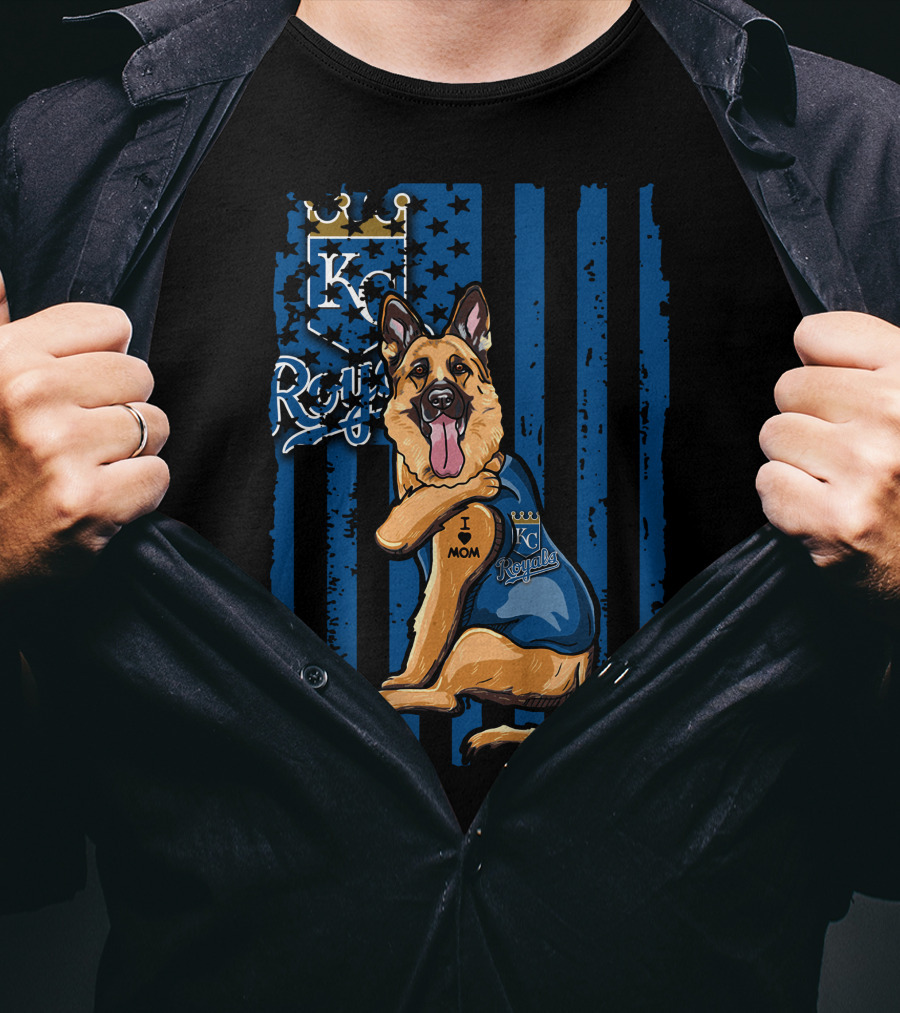 KC Royals German Shepherd Fan With I Love Mom Tattoo T-Shirt