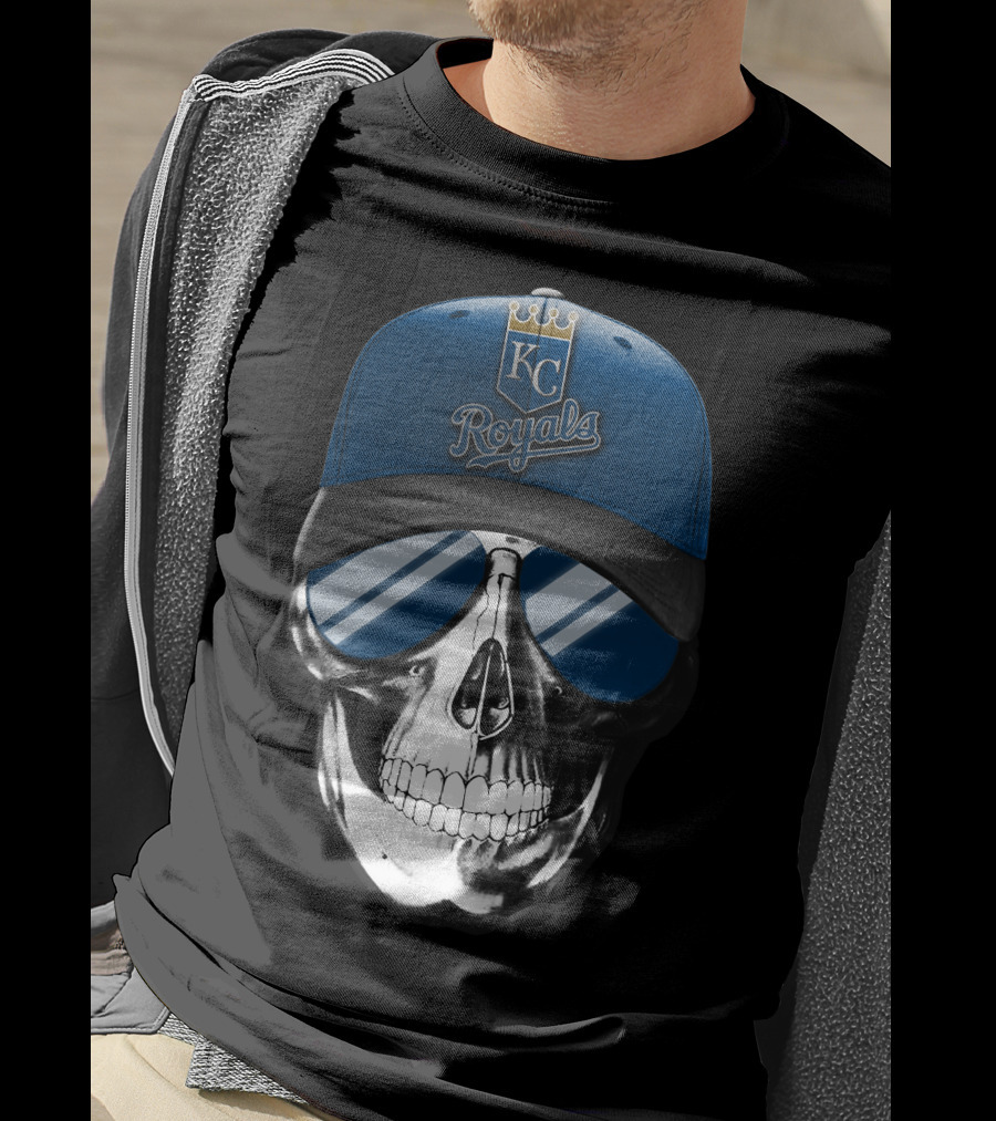 Skull With Kansas City Royals Baseball Cap And Sunglasses T-Shirt