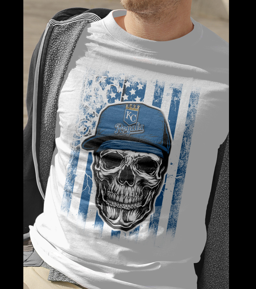 Kansas City Royals Skull With Blue Hat And Crown Symbol On T-Shirt