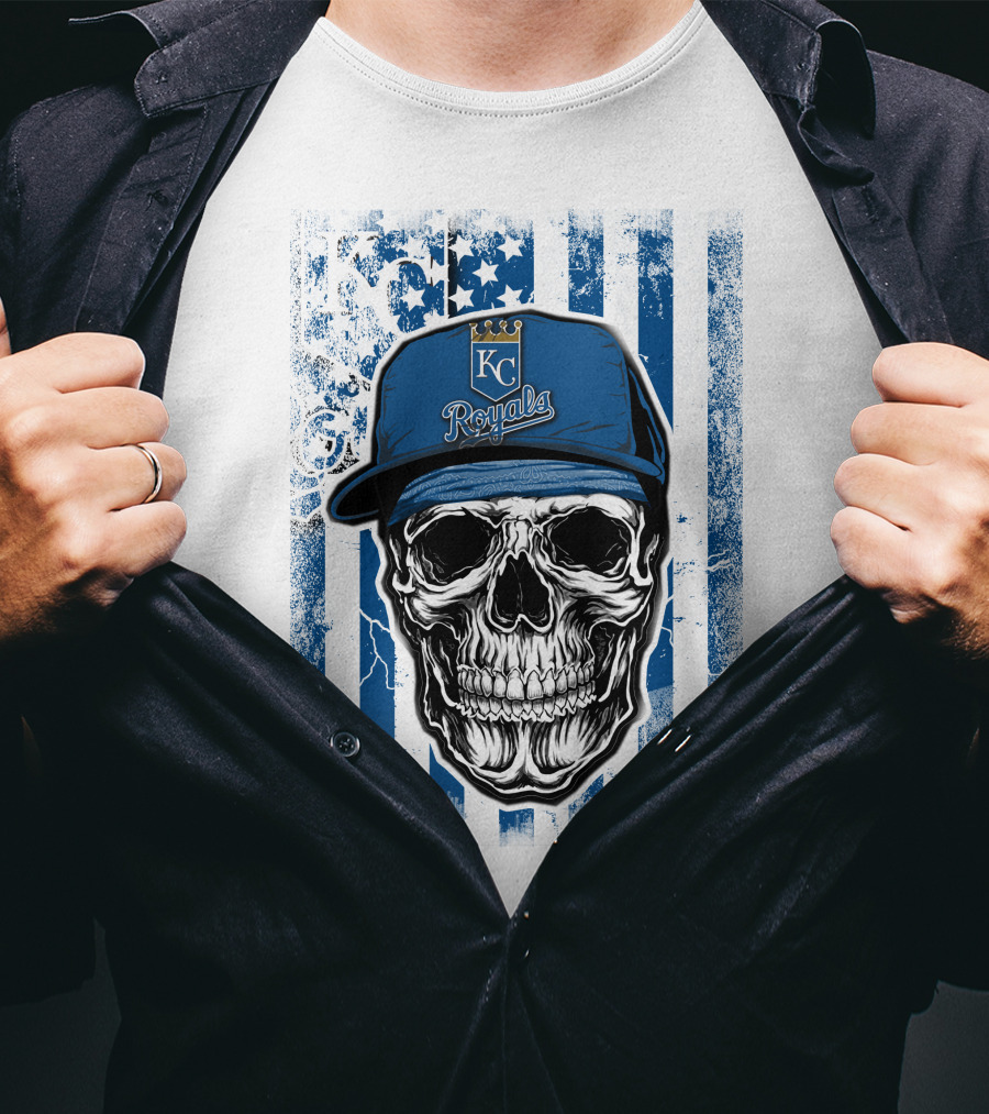Kansas City Royals Skull With Blue Hat And Crown Symbol On T-Shirt