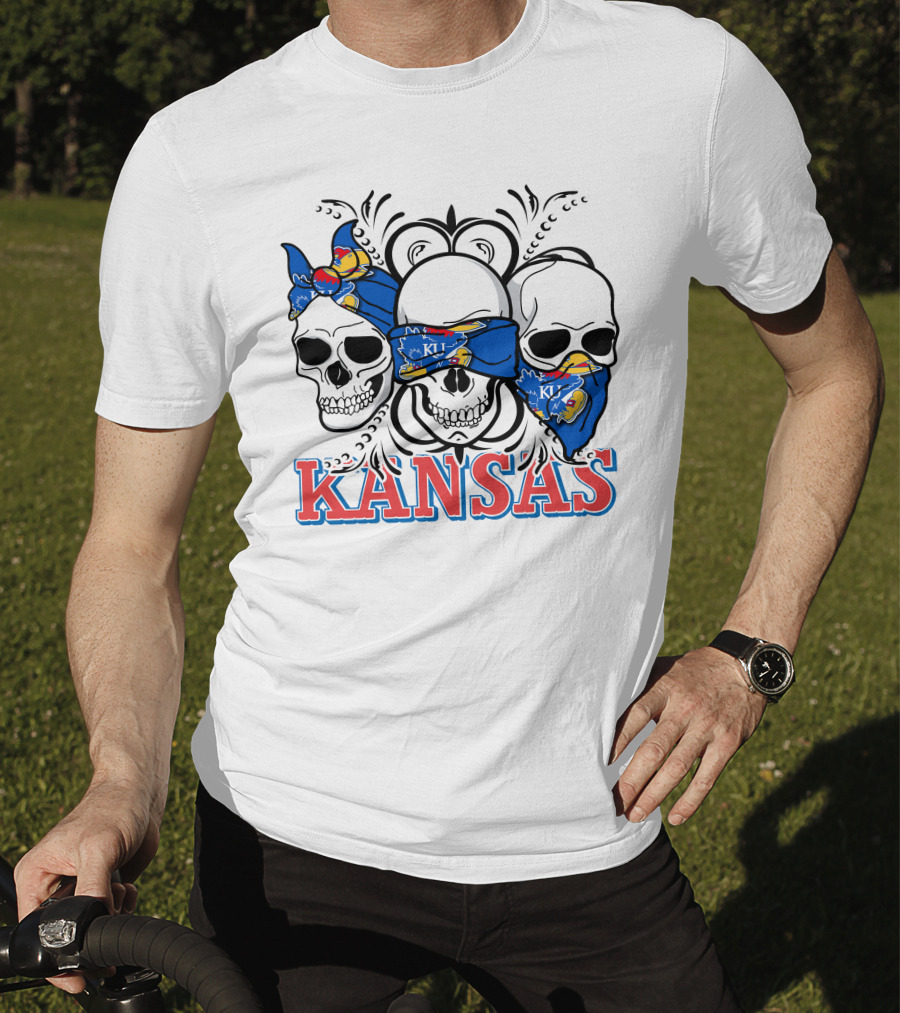 Kansas Jayhawks Skulls Bandana T-Shirt