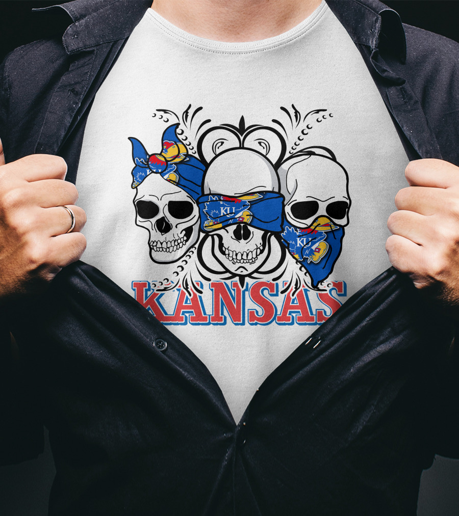 Kansas Jayhawks Skulls Bandana T-Shirt