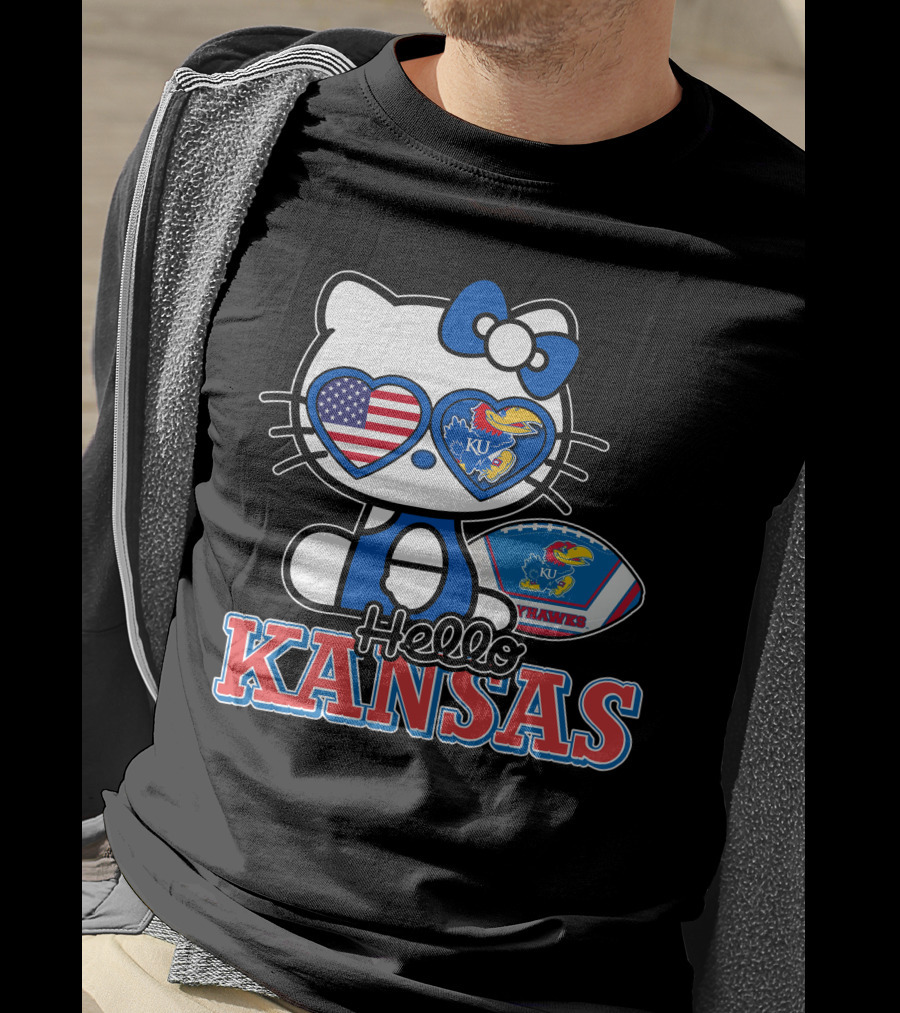 Hello Kitty Kansas Jayhawks KU Football American Flag T-Shirt