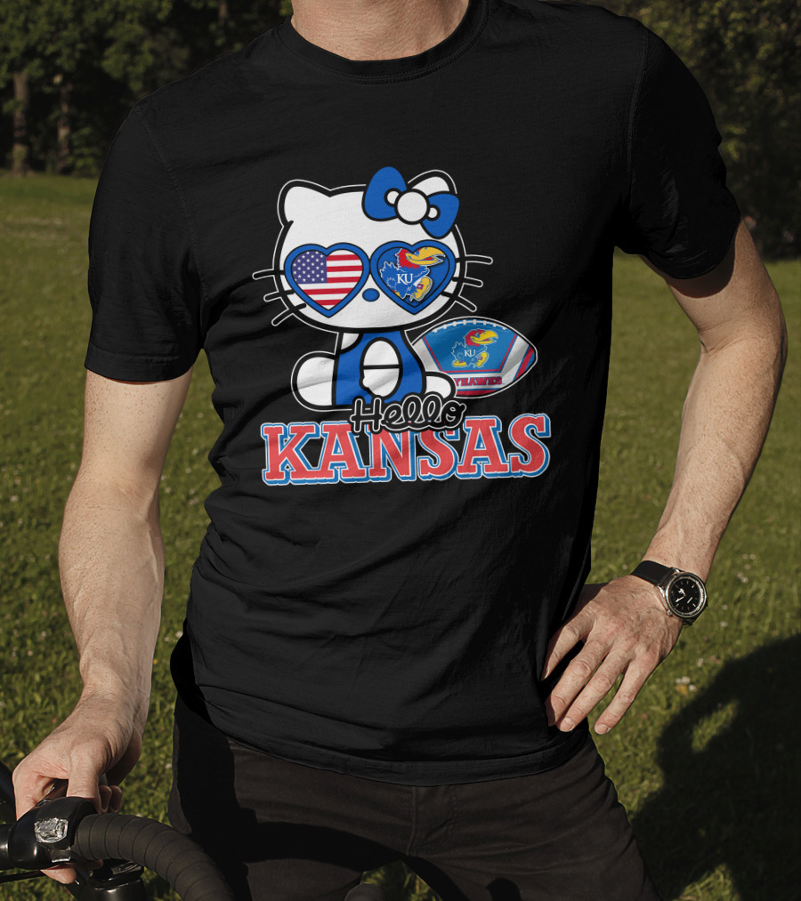 Hello Kitty Kansas Jayhawks KU Football American Flag T-Shirt