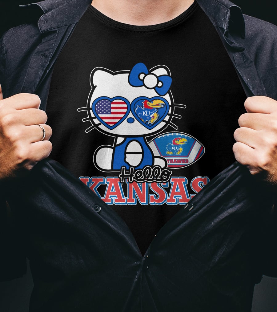 Hello Kitty Kansas Jayhawks KU Football American Flag T-Shirt