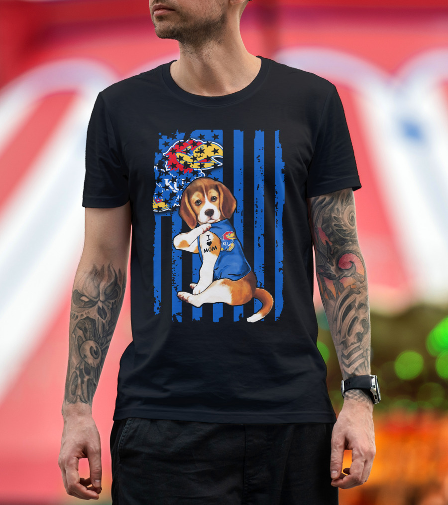 I Love Mom Beagle Wearing Kansas Jayhawks Logo Blue Flag Background T-Shirt