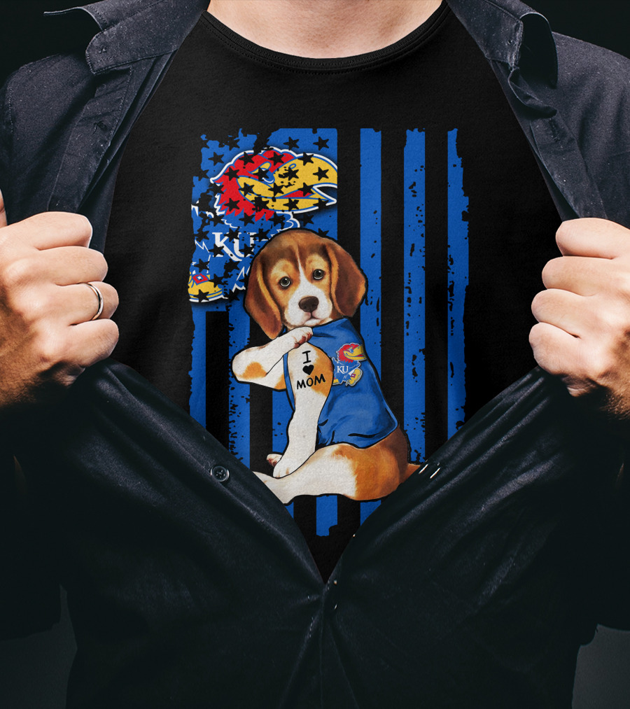 I Love Mom Beagle Wearing Kansas Jayhawks Logo Blue Flag Background T-Shirt