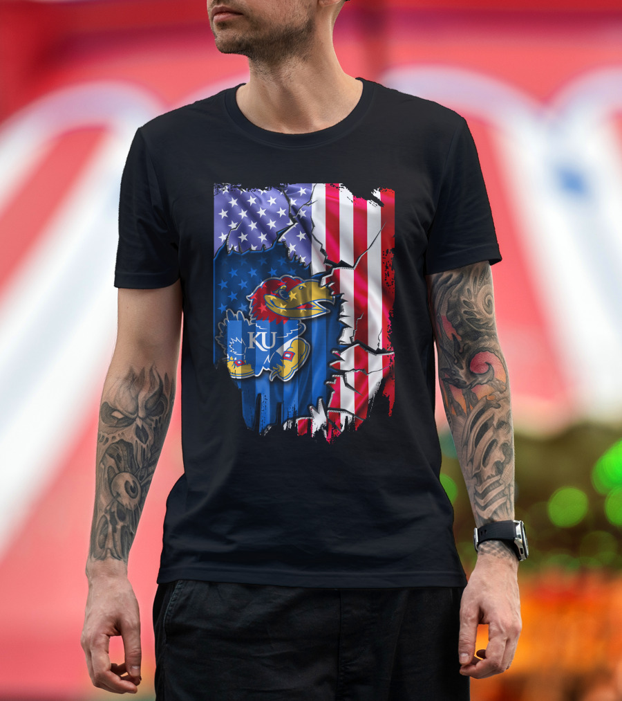 Flag Kansas Jayhawks American USA Torn Design KU T-Shirt