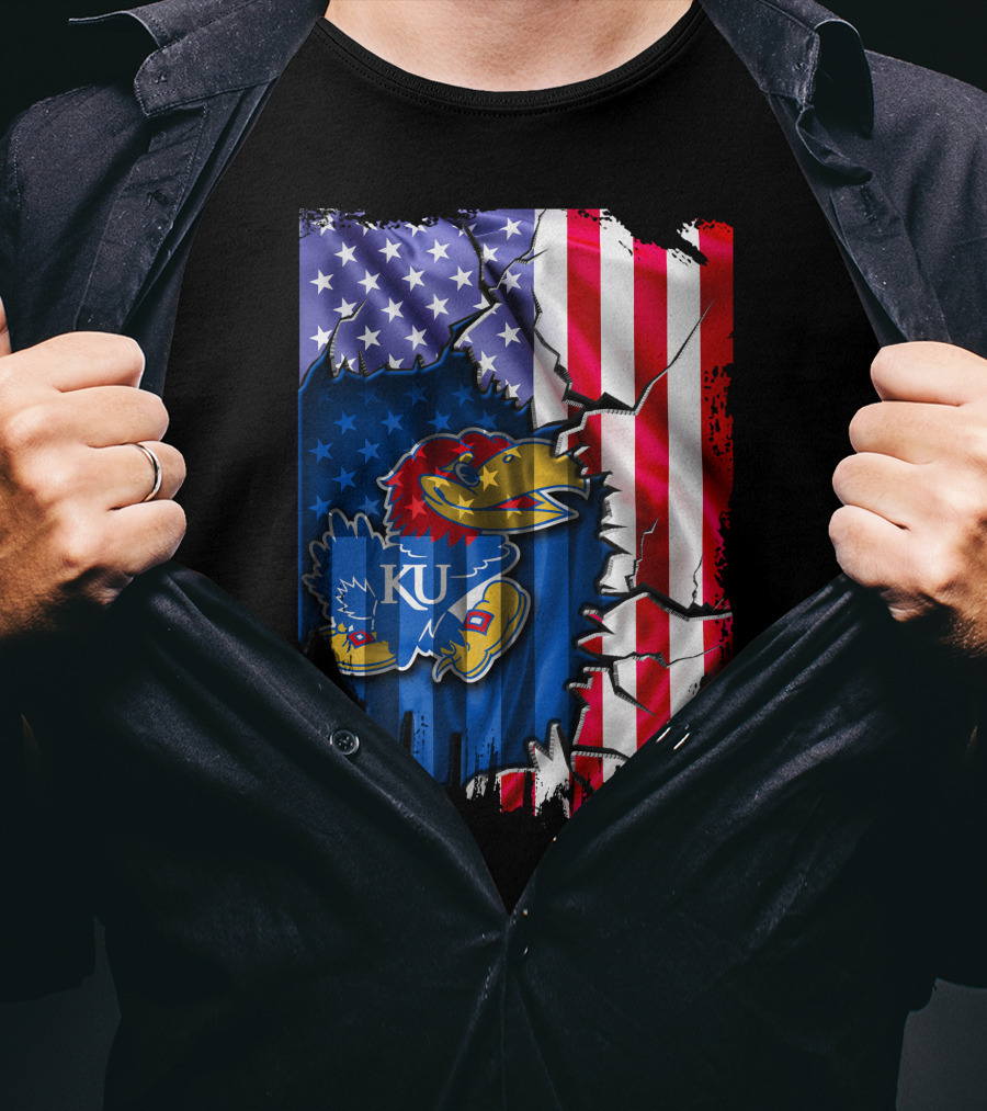 Flag Kansas Jayhawks American USA Torn Design KU T-Shirt