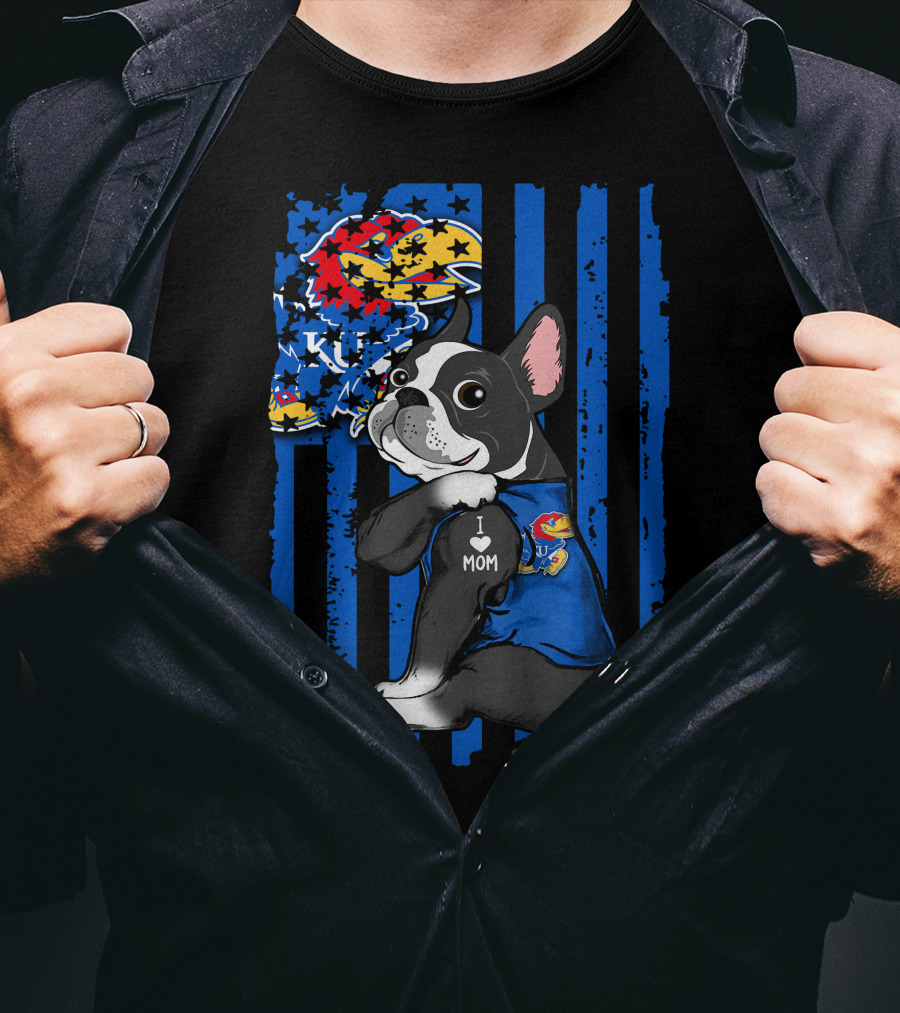 Boston Terrier I Love Mom Kansas Jayhawks KU Logo Blue Stripes T-Shirt