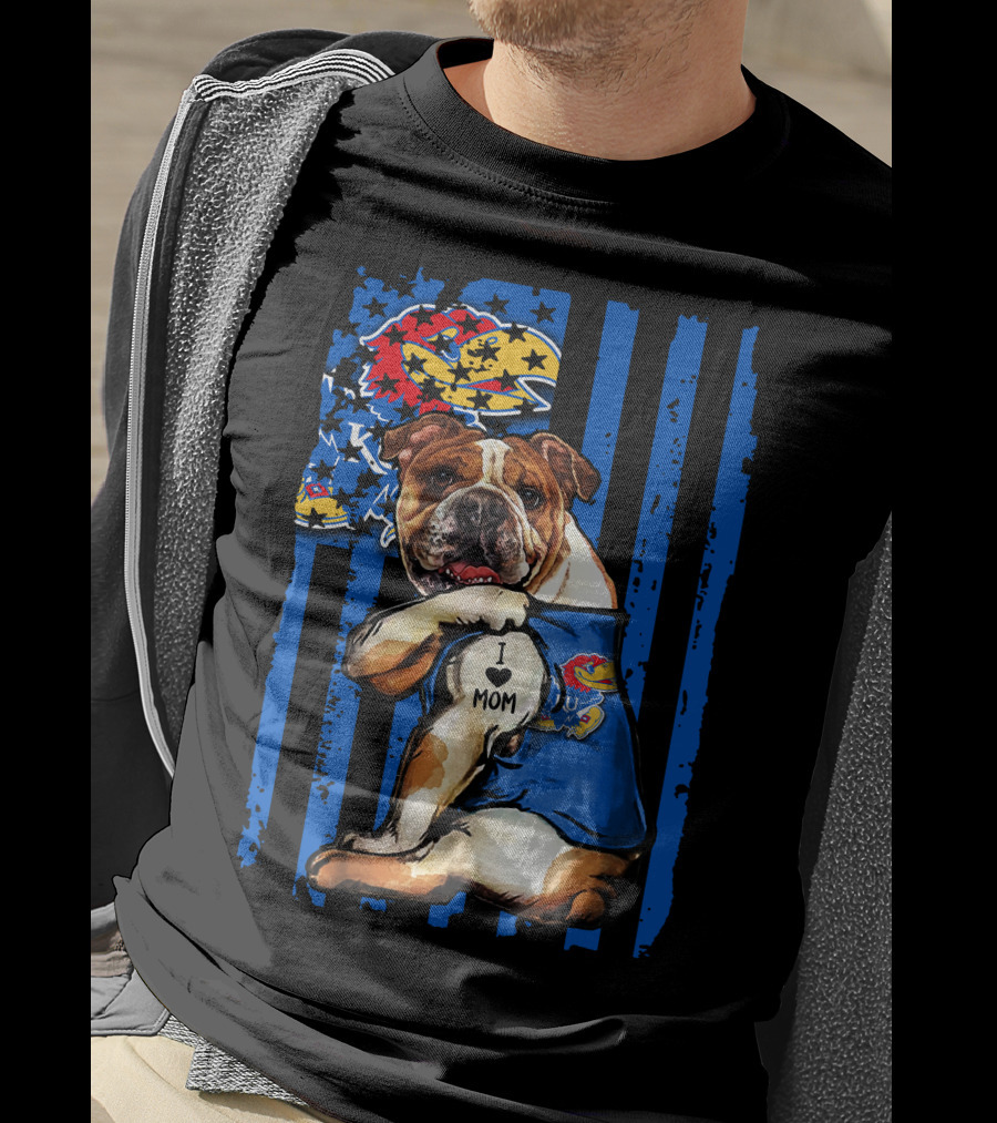 Bulldog Wearing Kansas Jayhawks I Love Mom Tattoo With Blue Stripes And Jayhawk T-Shirt