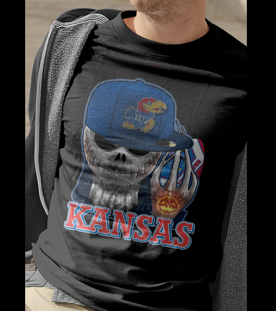 Kansas Jayhawks Skull Halloween Pumpkin Blue Cap T-Shirt