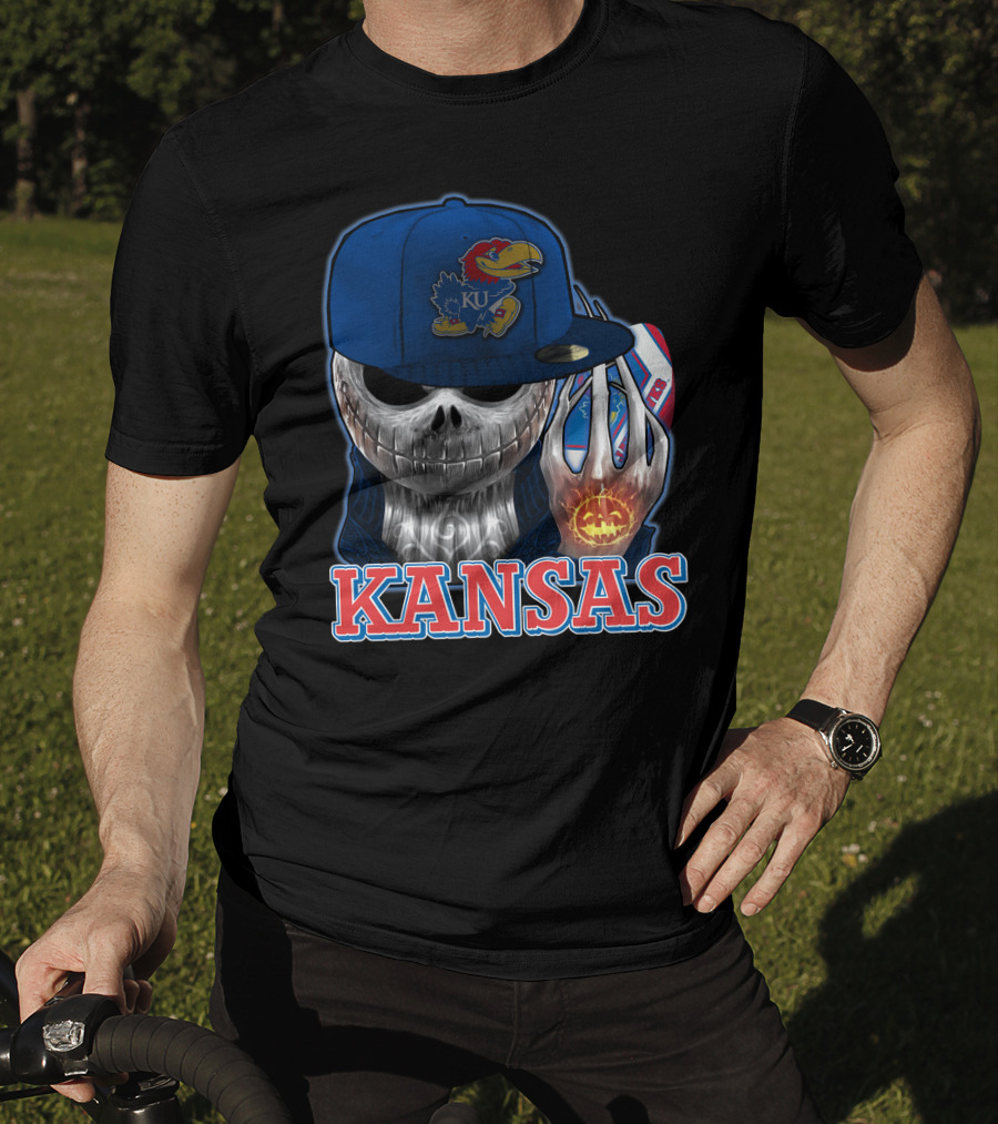 Kansas Jayhawks Skull Halloween Pumpkin Blue Cap T-Shirt