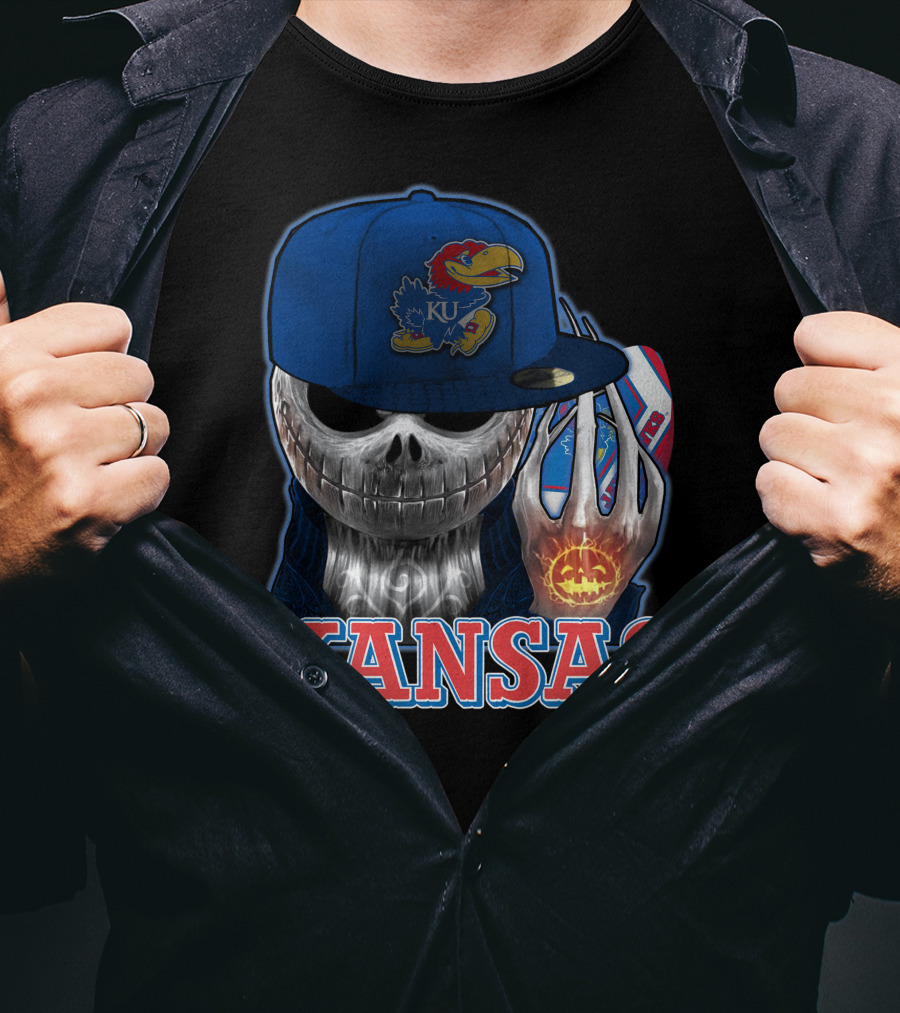 Kansas Jayhawks Skull Halloween Pumpkin Blue Cap T-Shirt