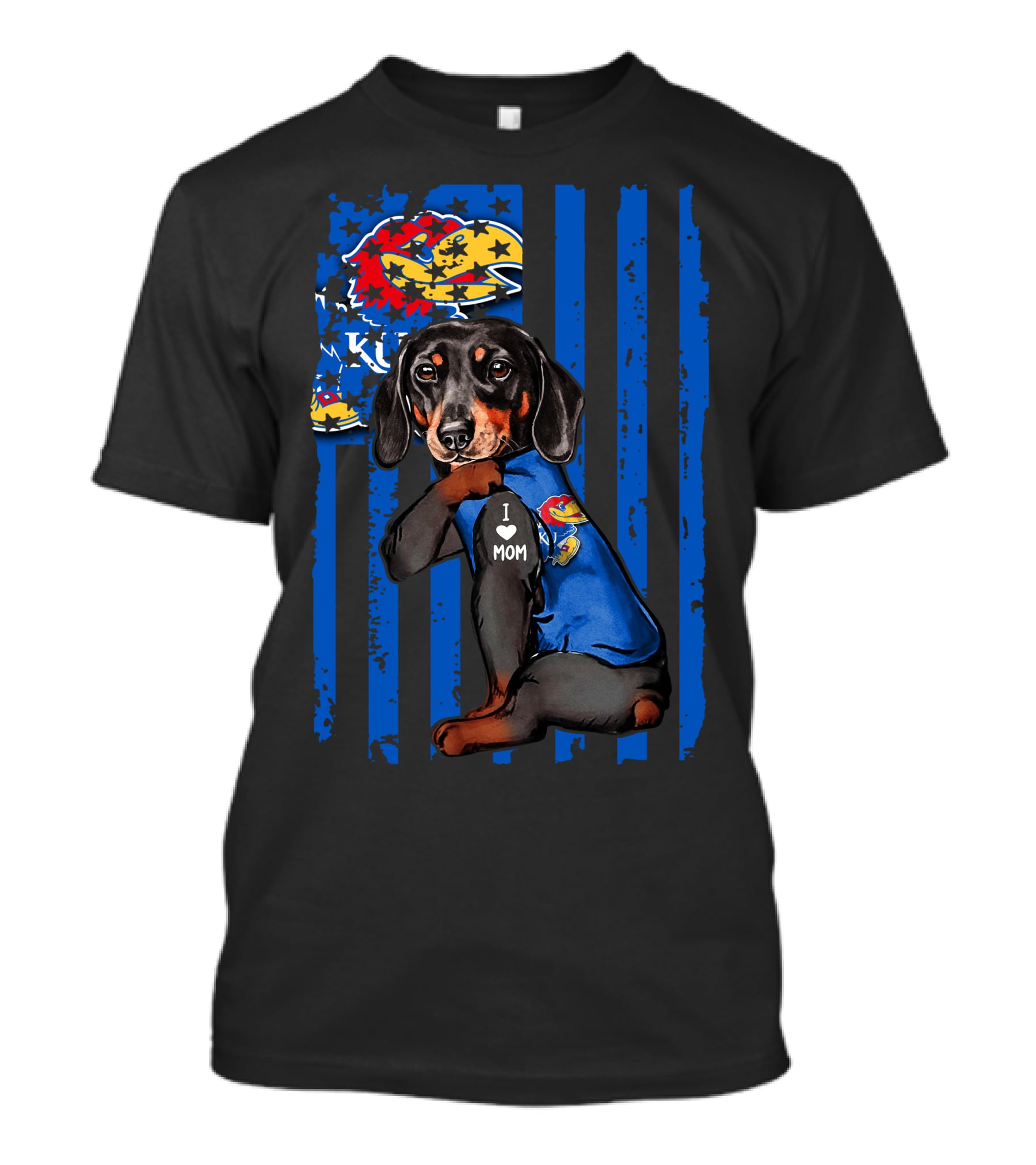 Dachshund I Love Mom Kansas Jayhawks Blue Stripes T-Shirt