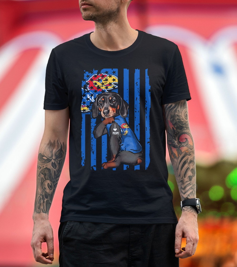 Dachshund I Love Mom Kansas Jayhawks Blue Stripes T-Shirt